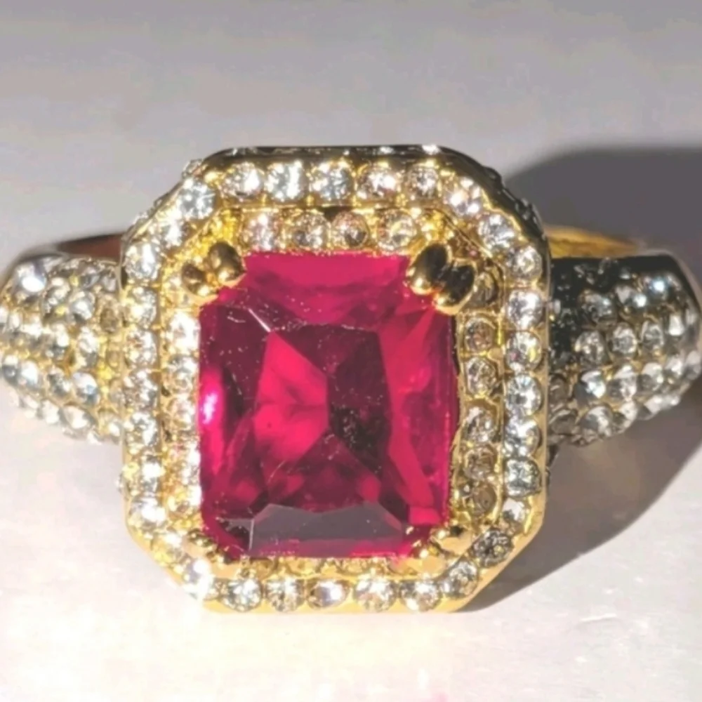 4ct Radiant Cut Lab Created Ruby For Male Or Female 18k Gold Plated Ring  Sz12